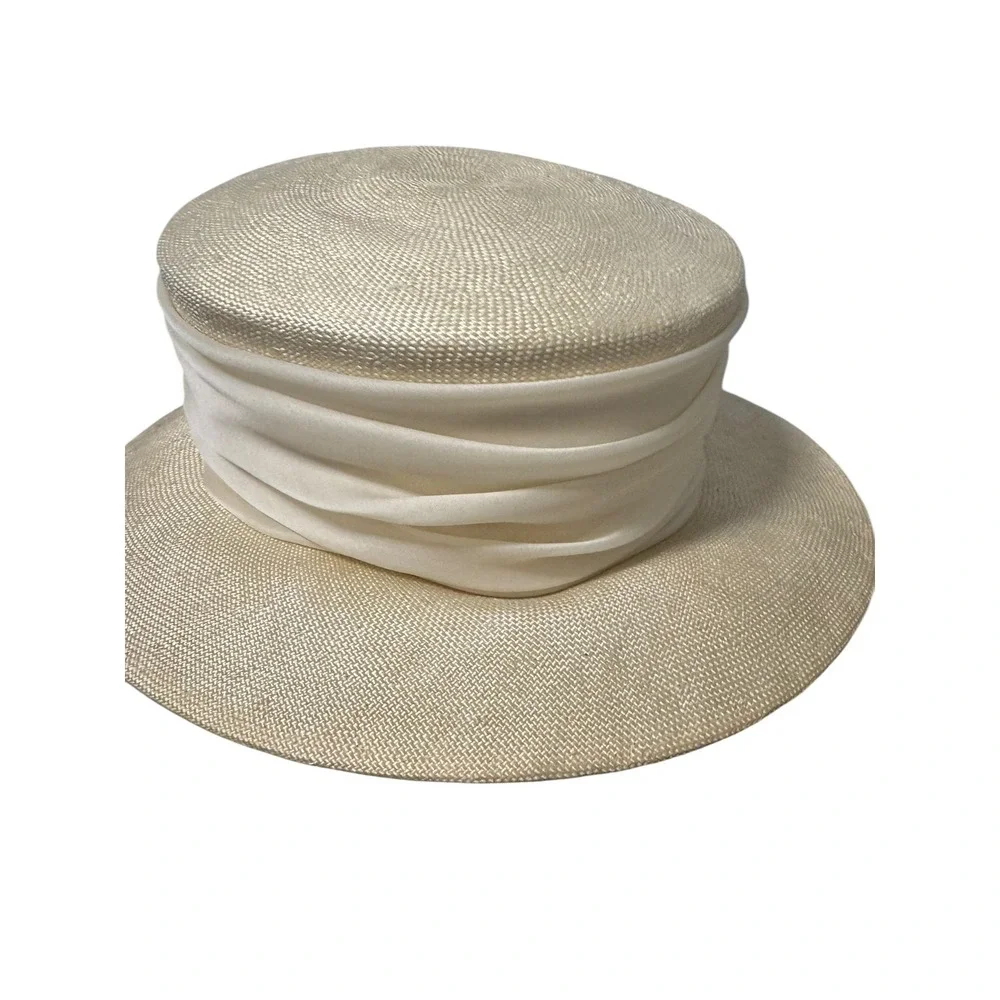 Suzanne Couture Millinery NYC VTG Cream Straw Boater Hat Wide Brim original box